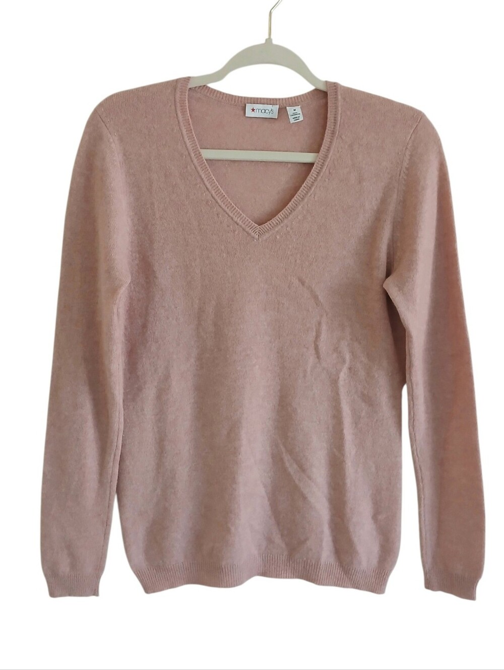 MACY'S 100% Cashmere V Neck Sweater Women's M Pink Pastel Soft Classic Quiet Lux